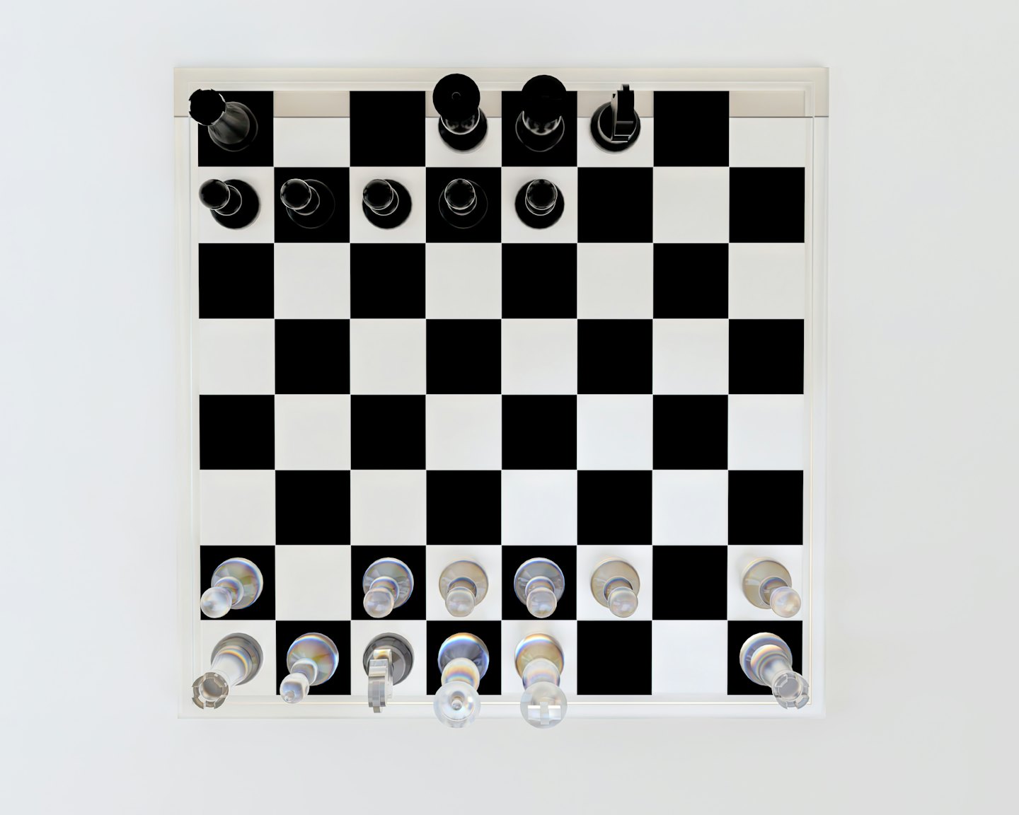Glass chess pieces arranged on a modern chessboard.